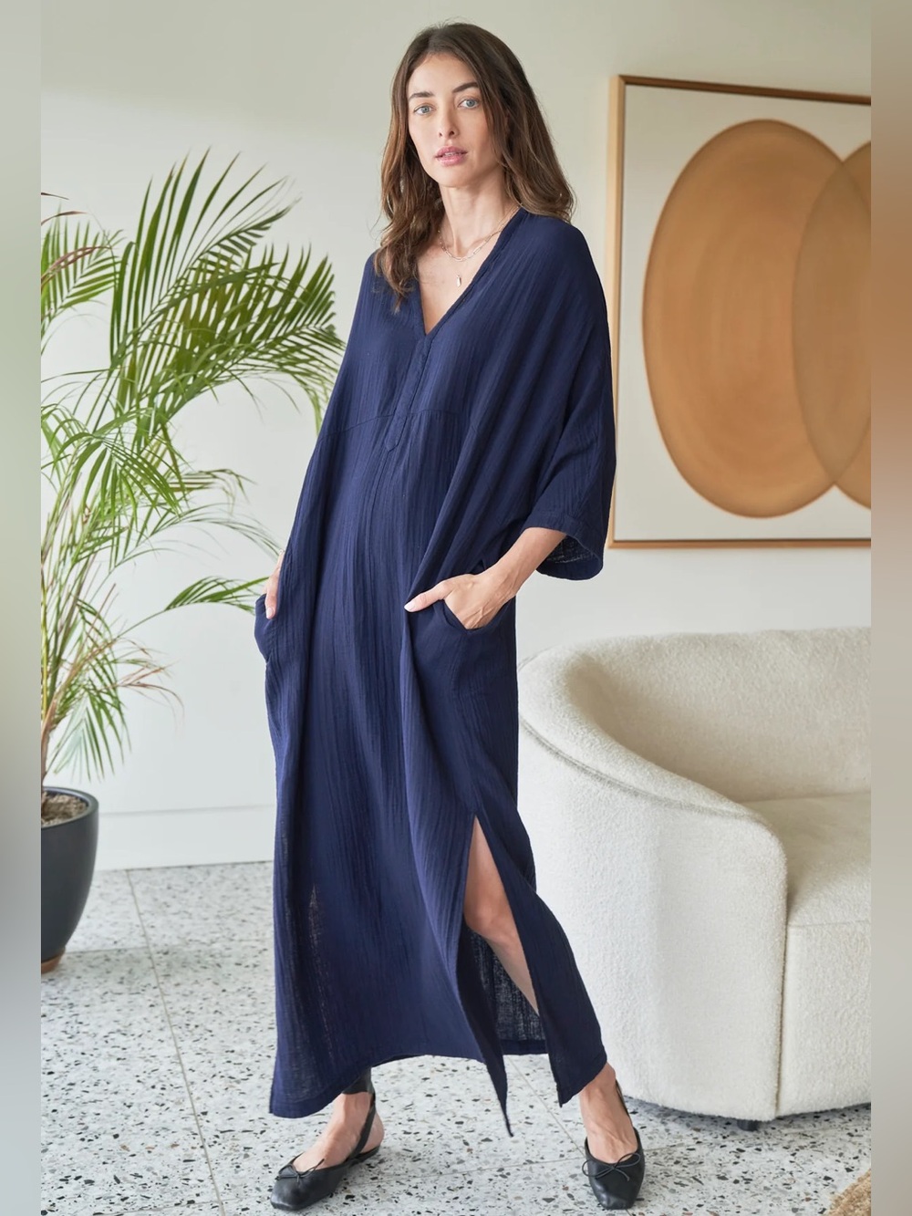 Ocean+Main Navy Cotton Gauze Dress with Pockets Mandarin Collar s/m NWOT